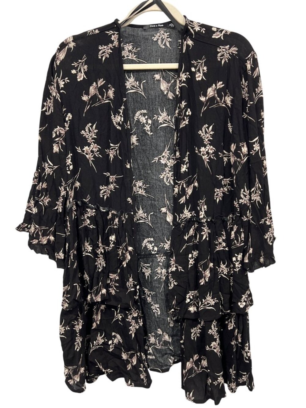 Doe & Rae Kimono Cardigan Small Floral Open Front Ruffle Dark Boho Whimsigoth